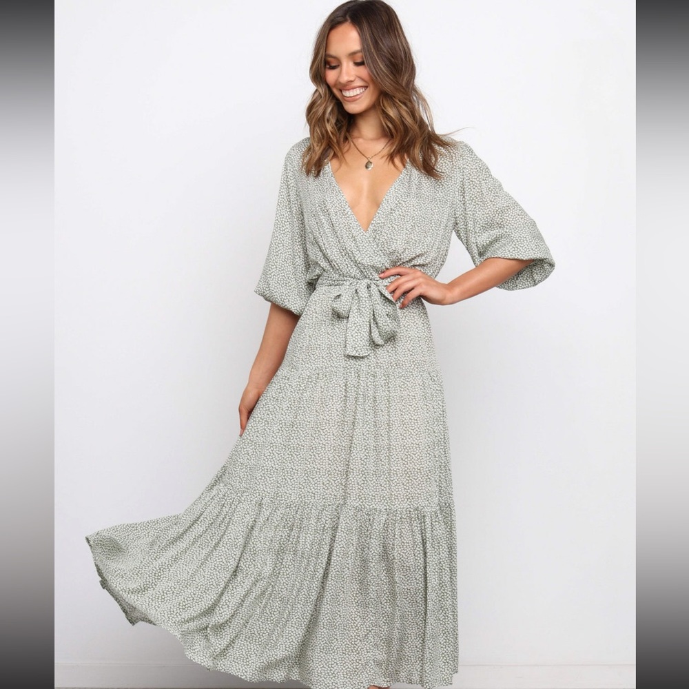 Petal and Pup Print Dress | Sage Green and White